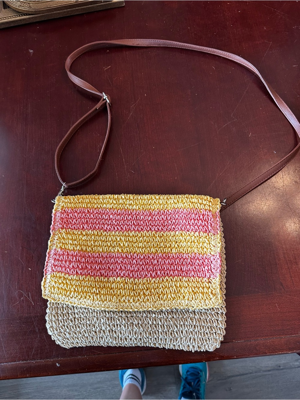 NWOT Woven Pink & Yellow Stripe Crossbody Bag with Tan Base